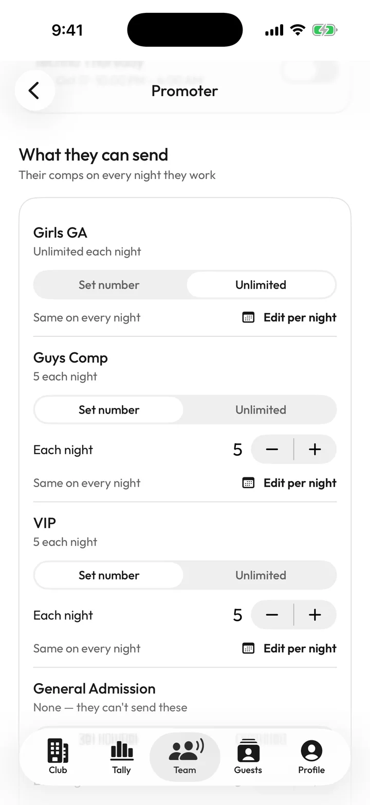 A promoter’s comps in Tally: Girls GA unlimited, Guys Comp 5 each night, VIP 5 each night, with Edit per night.