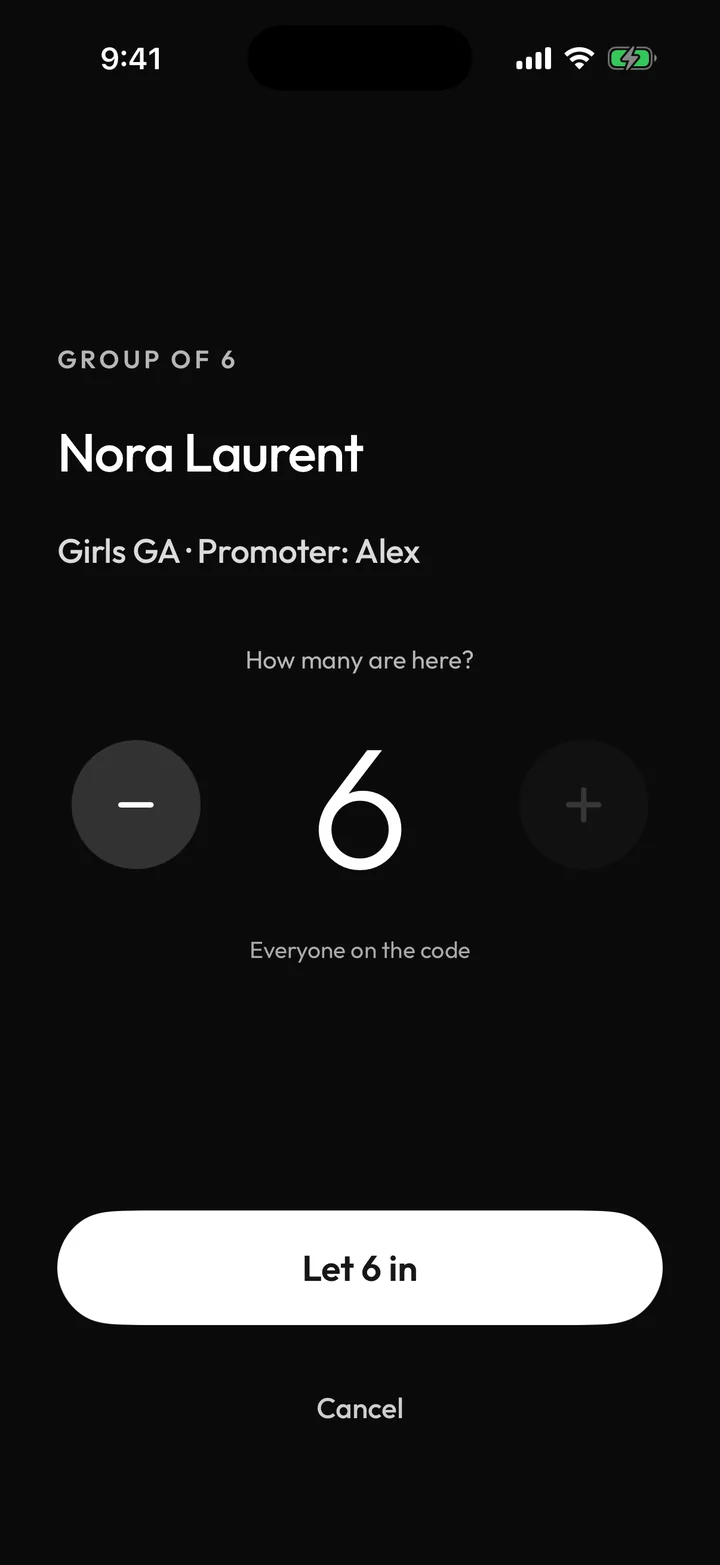 The door scanner after scanning a group code: Group of 6, Nora Laurent, Girls GA from promoter Alex, with a Let 6 in button.