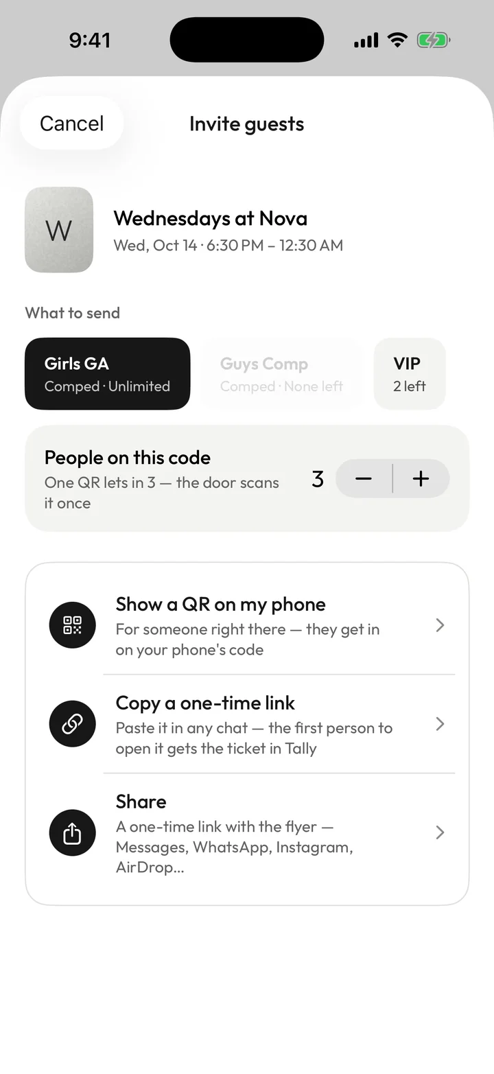The Invite guests sheet: choose Girls GA, VIP or Guys Comp, set 3 people on one code, then Show a QR, Copy a one-time link, or Share.